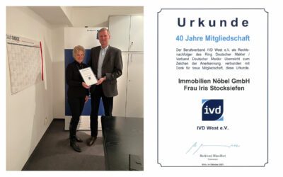 40 Jahre IVD West e.V. Mitgliedschaft – Immobilien Nöbel GmbH Urkunde