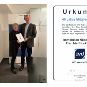 40 Jahre IVD West e.V. Mitgliedschaft – Immobilien Nöbel GmbH Urkunde